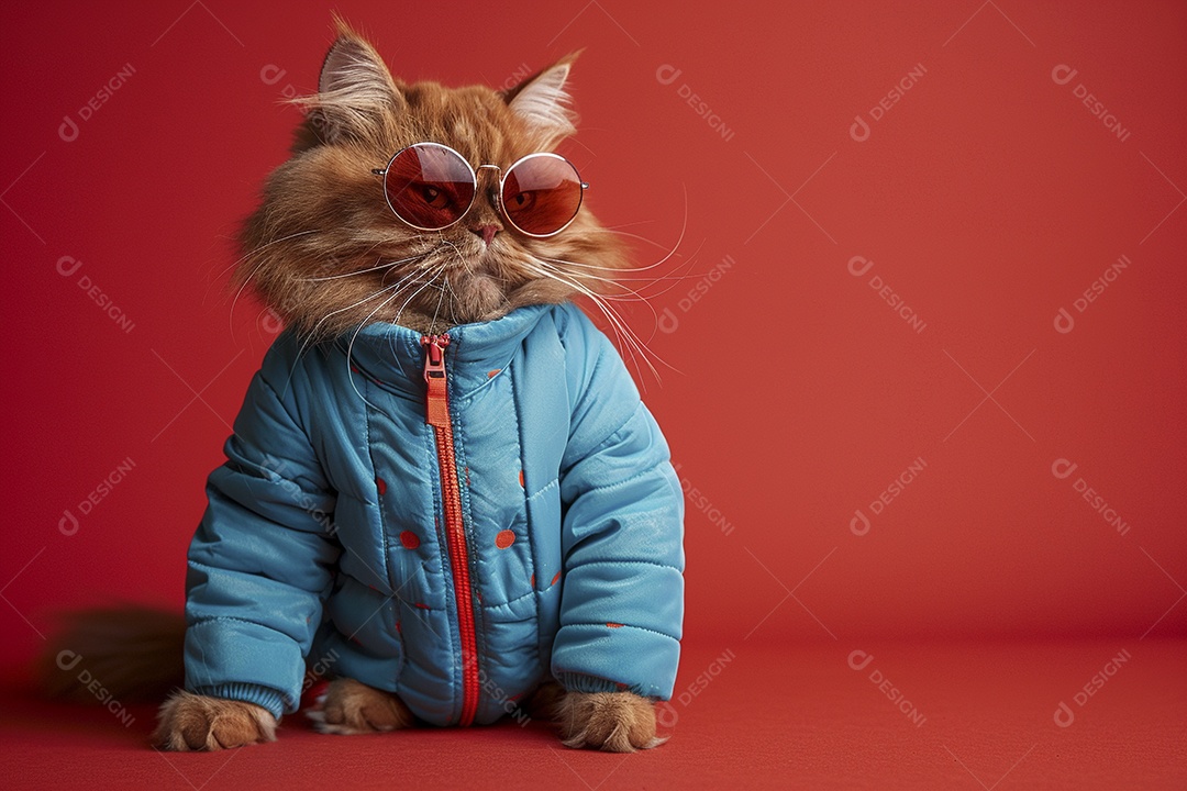Gato laranja vestindo roupas azuis e óculos escuros em fundo isolado