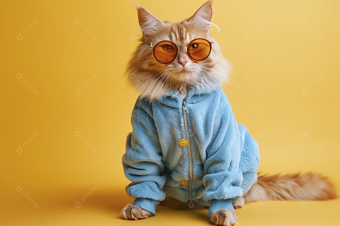 Gato laranja vestindo roupas azuis e óculos escuros em fundo isolado