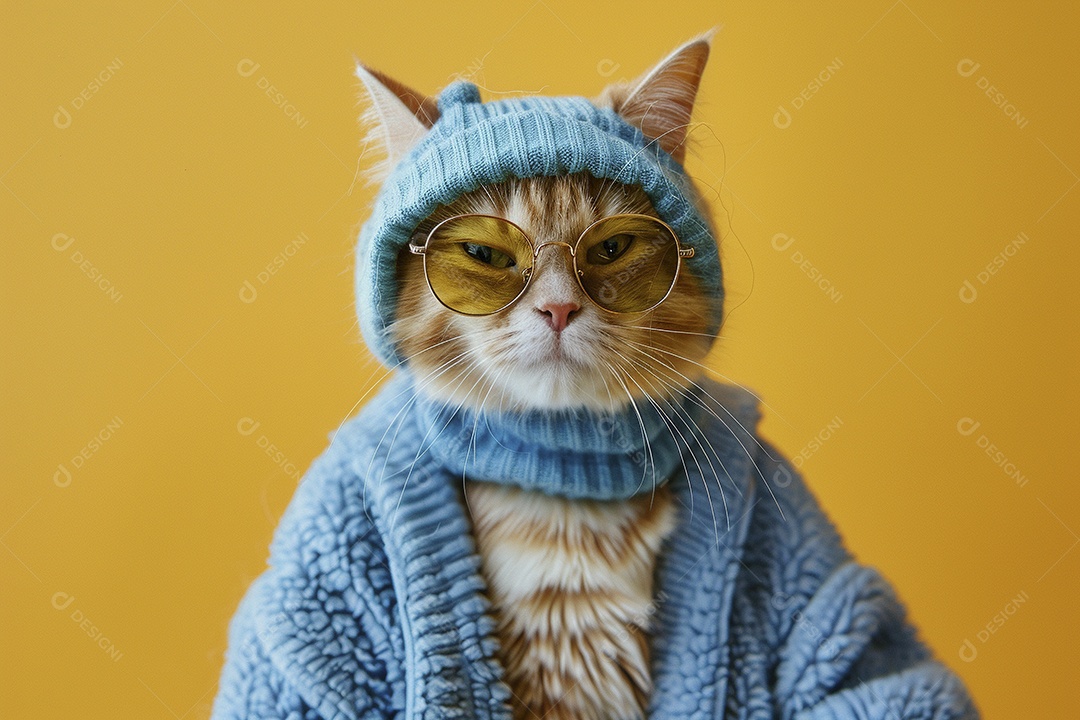 Gato laranja vestindo roupas azuis e óculos escuros em fundo isolado