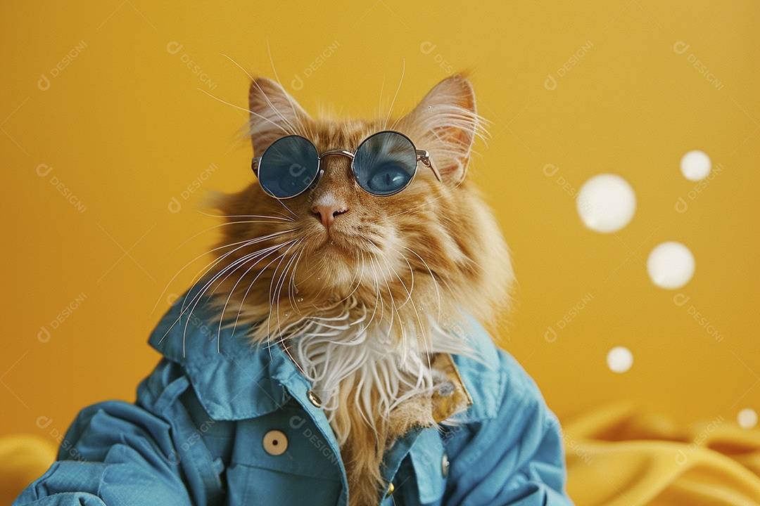 Gato laranja vestindo roupas azuis e óculos escuros em fundo isolado