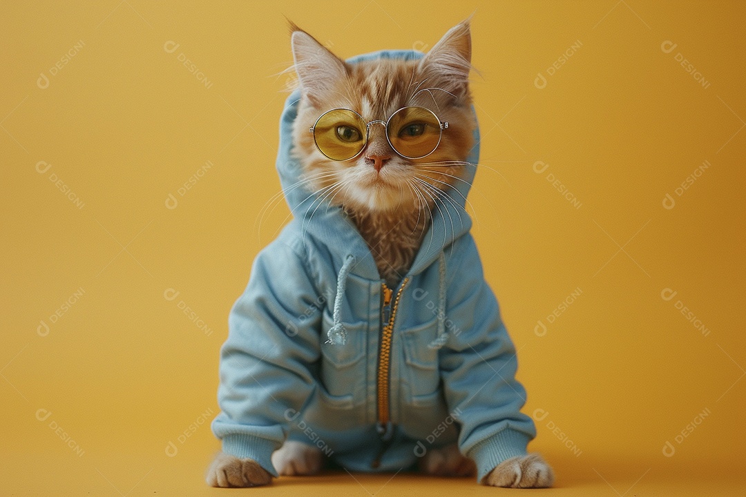 Gato laranja vestindo roupas azuis e óculos escuros em fundo isolado