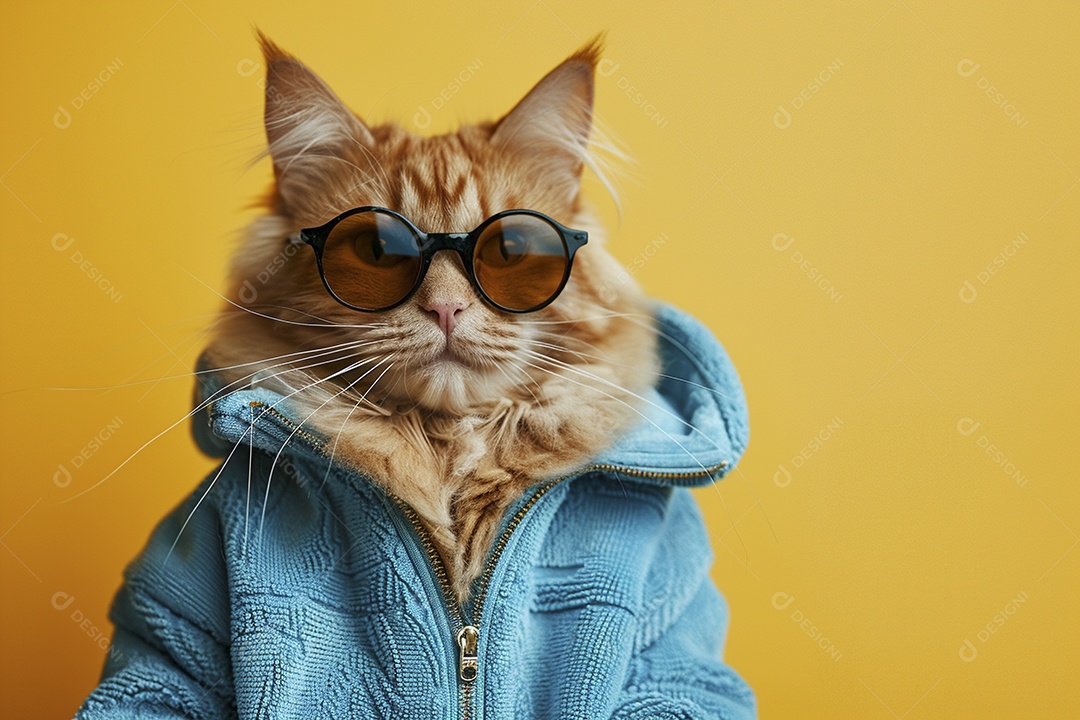 Gato laranja vestindo roupas azuis e óculos escuros em fundo isolado