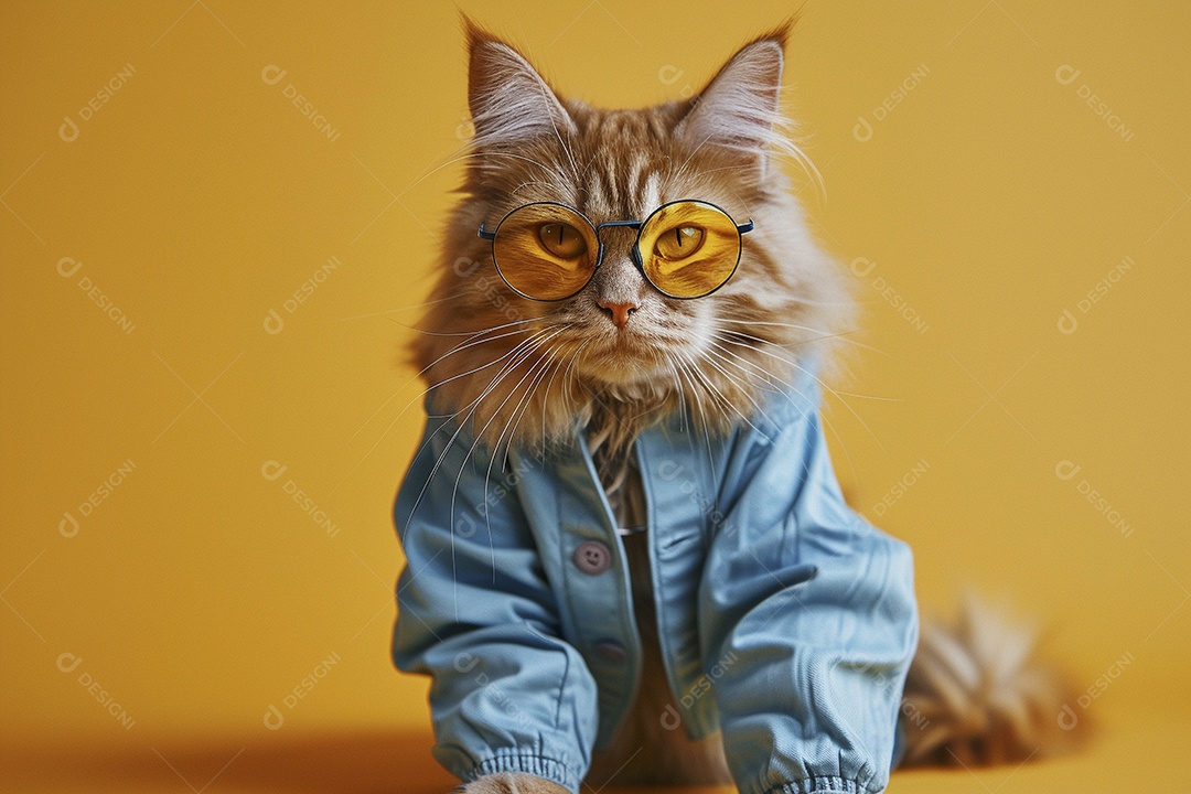Gato laranja vestindo roupas azuis e óculos escuros em fundo isolado