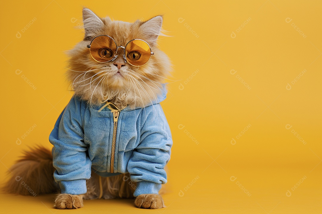 Gato laranja vestindo roupas azuis e óculos de sol em fundo amarelo