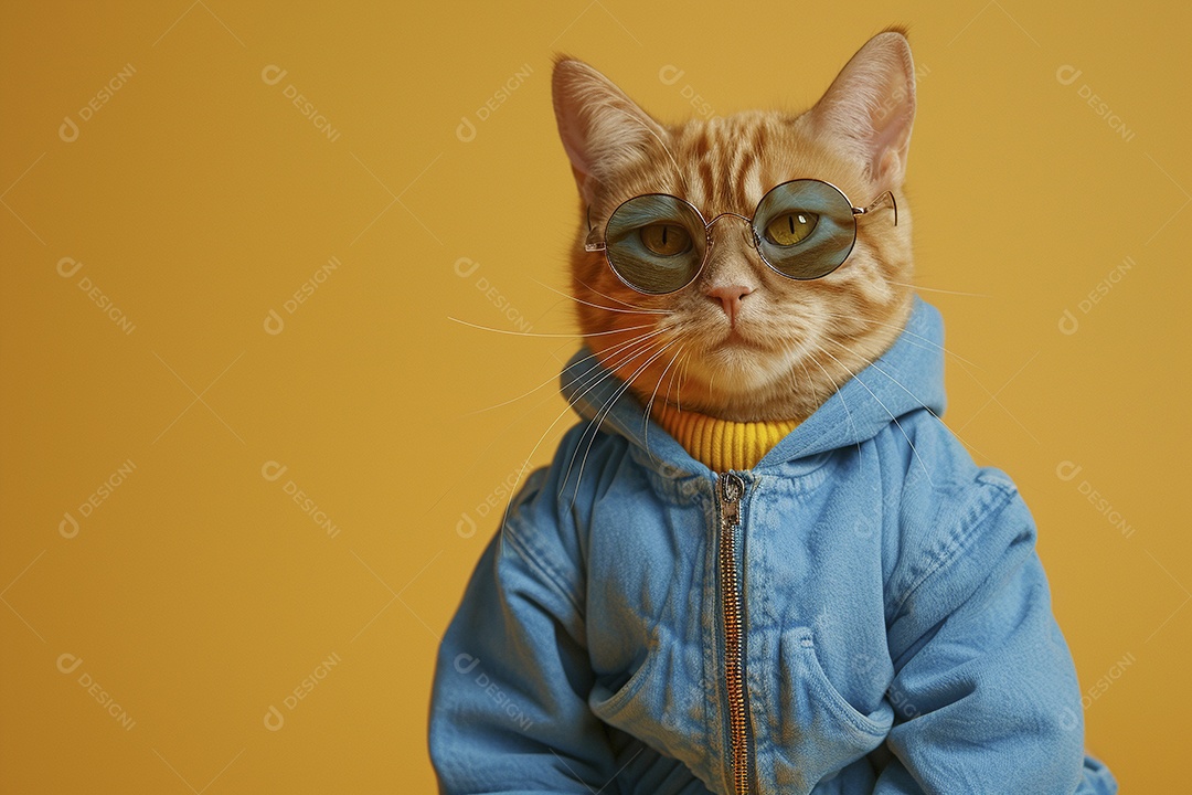 Gato laranja vestindo roupas azuis e óculos de sol em fundo amarelo