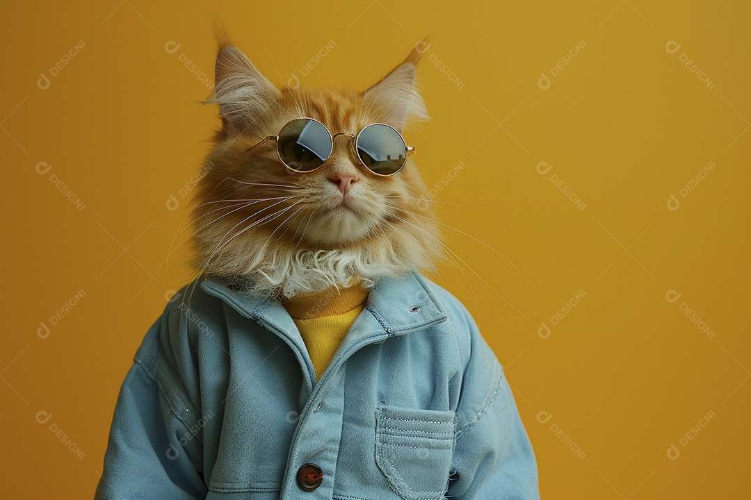 Gato laranja vestindo roupas azuis e óculos de sol em fundo amarelo