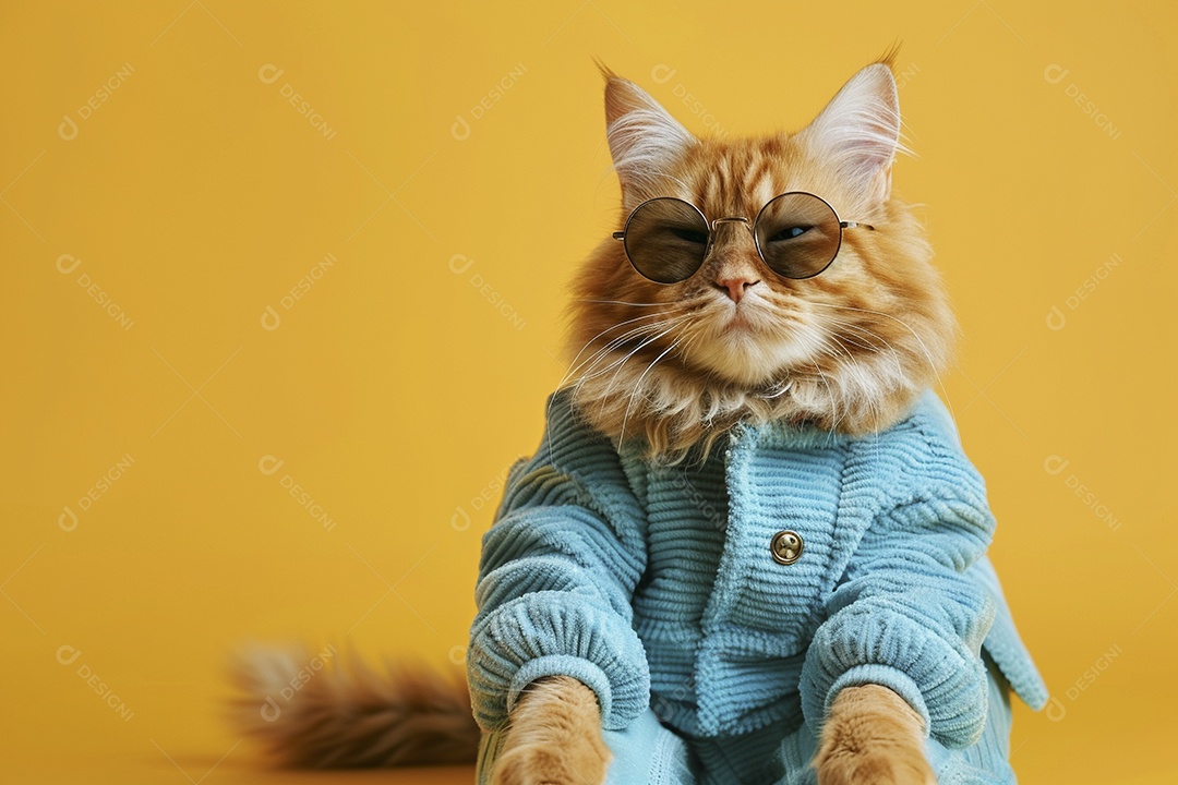 Gato laranja vestindo roupas azuis e óculos de sol em fundo amarelo