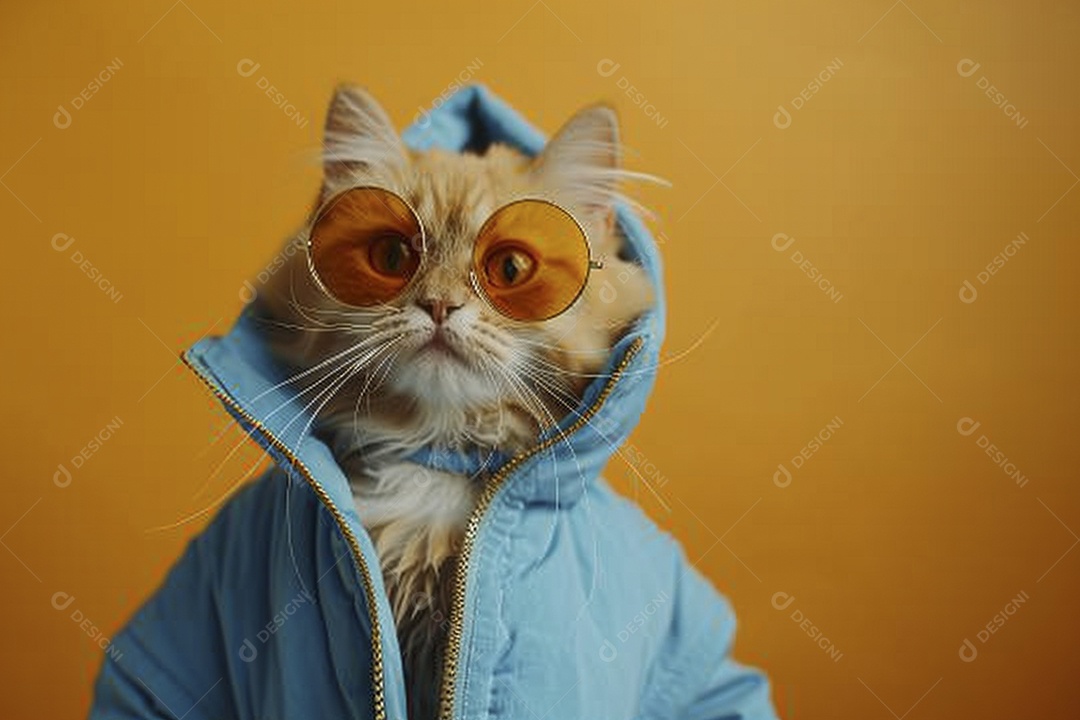 Gato laranja vestindo roupas azuis e óculos de sol em fundo amarelo