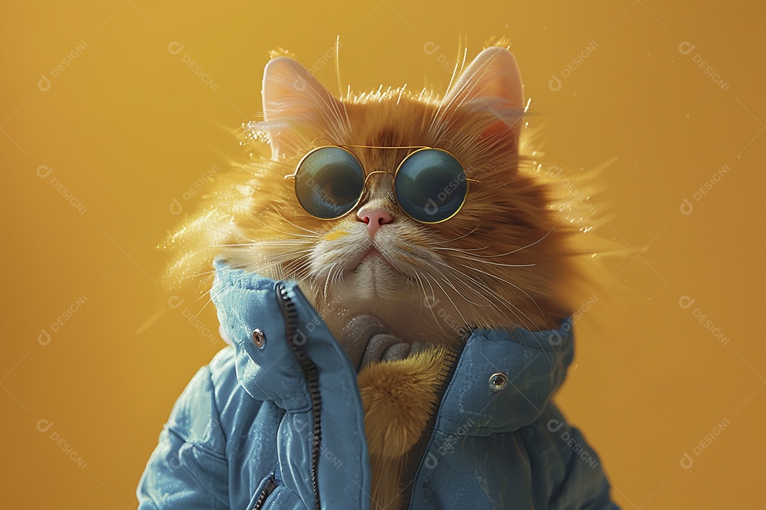 Gato laranja vestindo roupas azuis e óculos escuros em fundo isolado