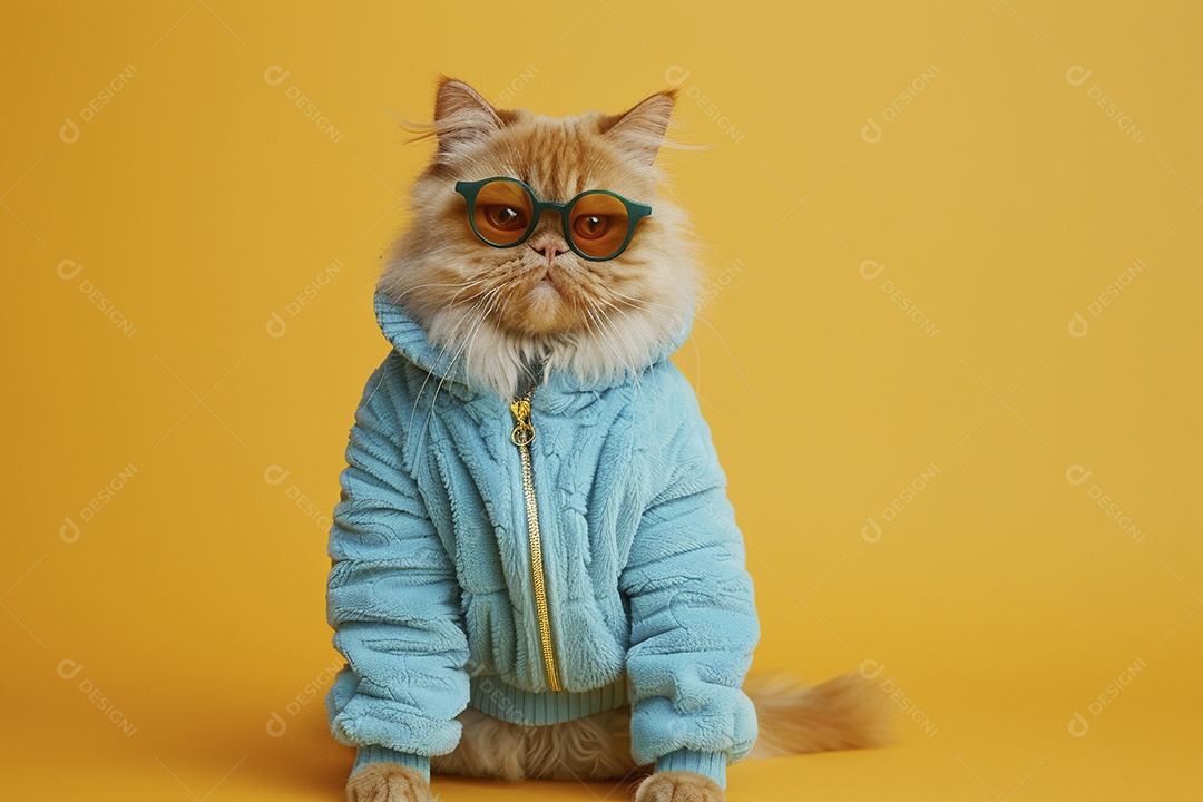Gato laranja vestindo roupas azuis e óculos escuros em fundo isolado