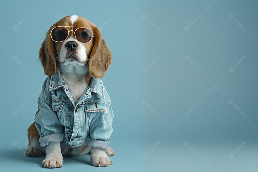 Beagle vestindo roupas e óculos escuros em fundo isolado