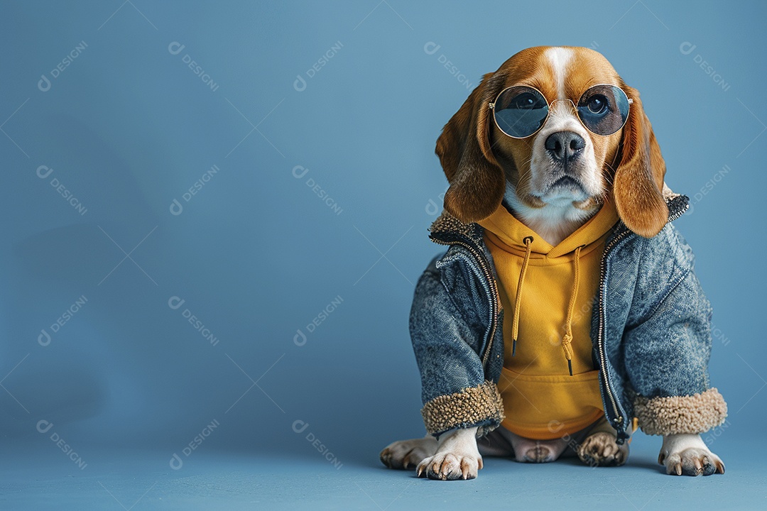 Beagle vestindo roupas e óculos escuros em fundo isolado