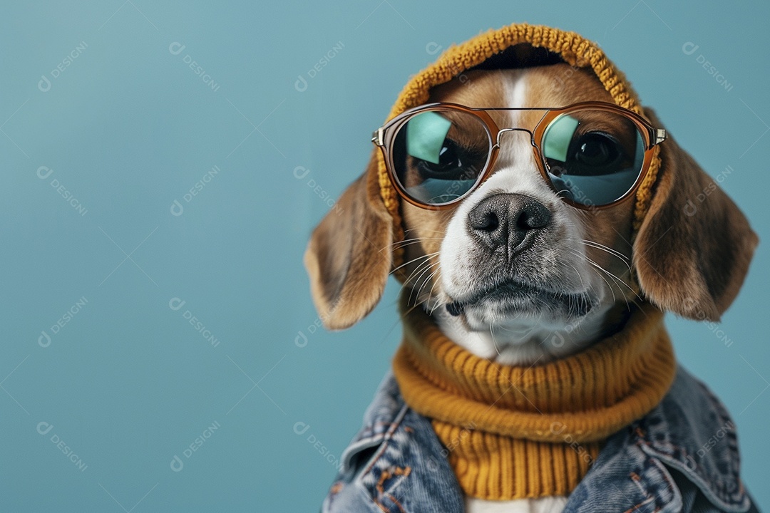 Beagle vestindo roupas e óculos escuros em fundo isolado