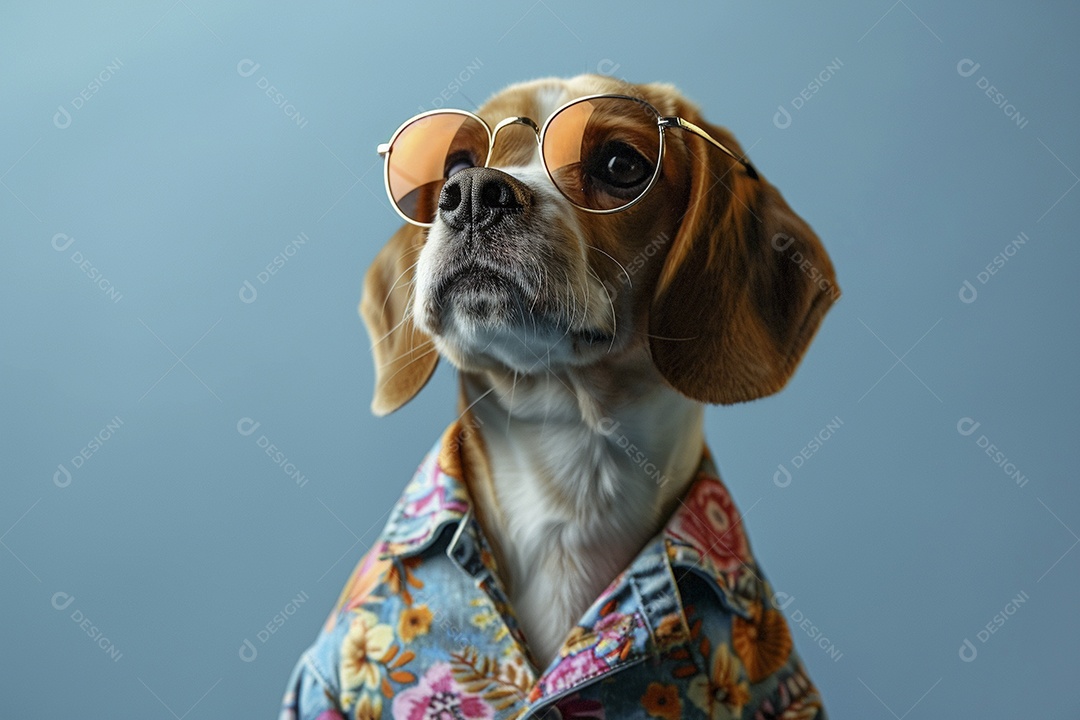 Beagle vestindo roupas e óculos escuros em fundo isolado