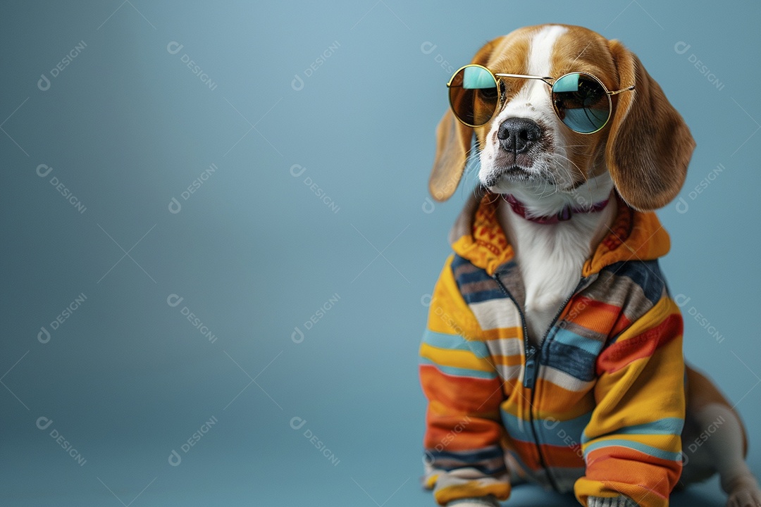 Beagle vestindo roupas e óculos escuros em fundo isolado