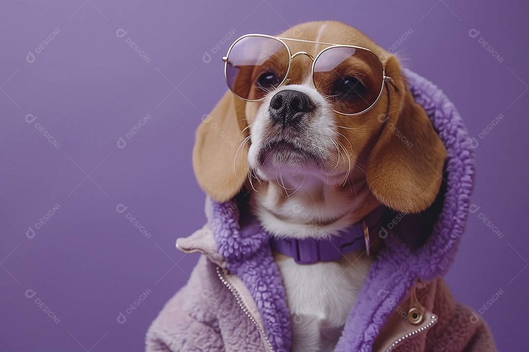 Beagle vestindo roupas e óculos escuros em fundo isolado