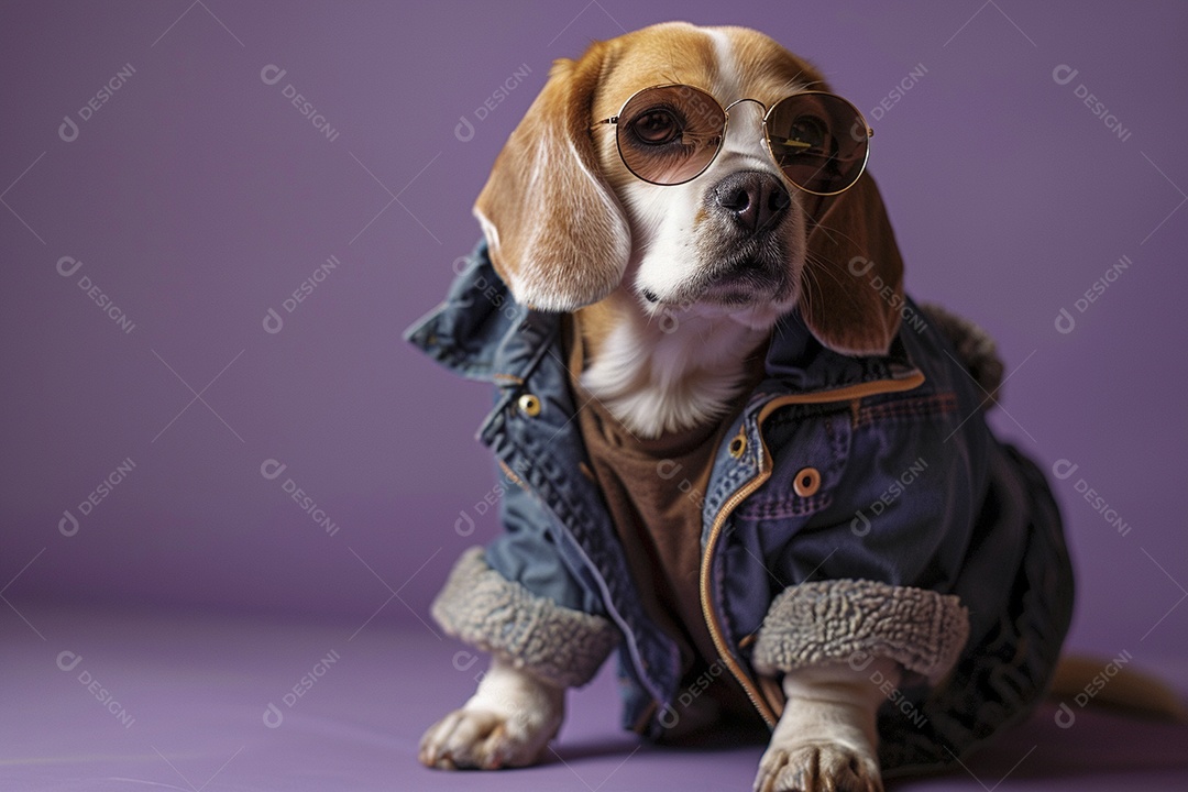 Beagle vestindo roupas e óculos escuros em fundo isolado