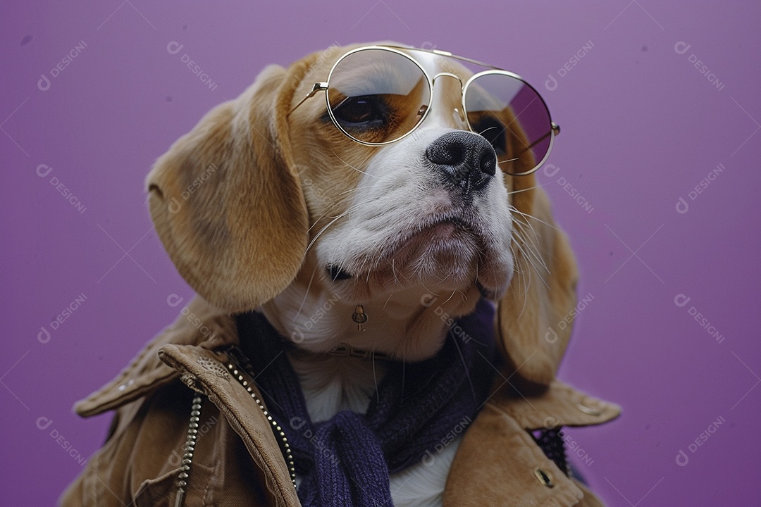 Beagle vestindo roupas e óculos escuros em fundo isolado