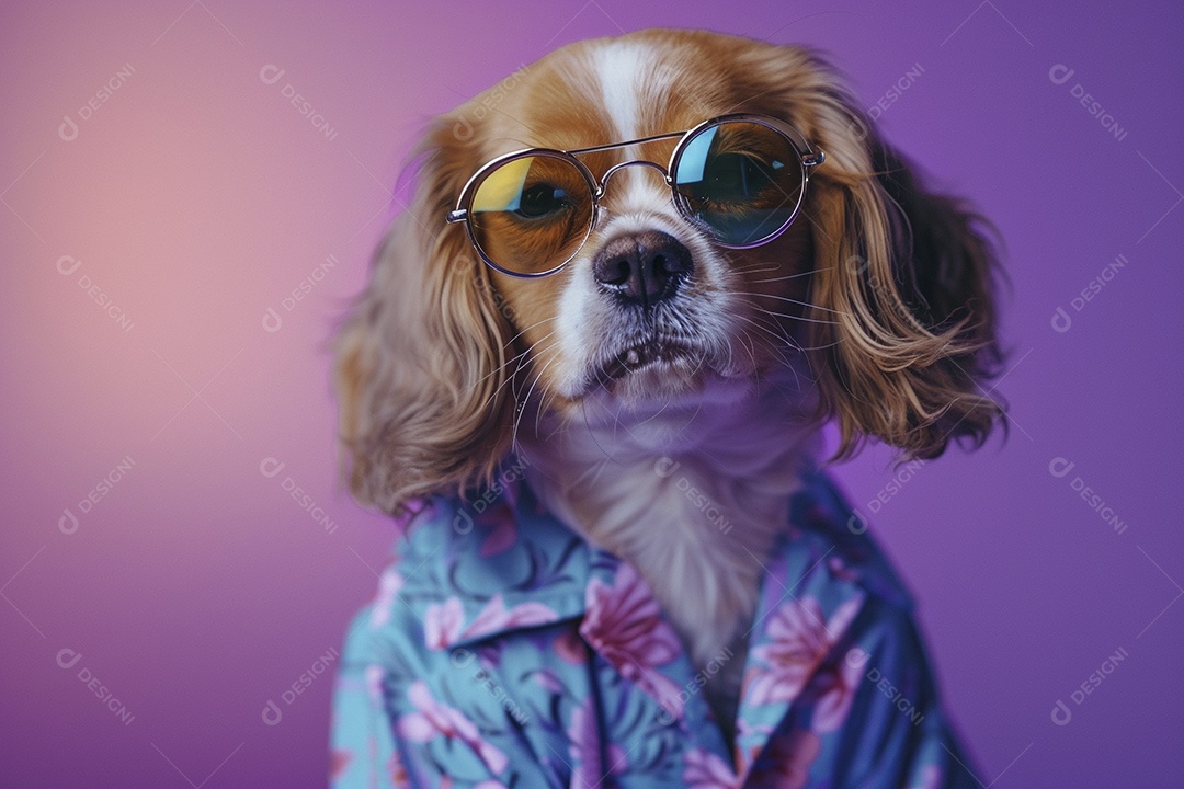 Beagle vestindo roupas e óculos escuros em fundo isolado