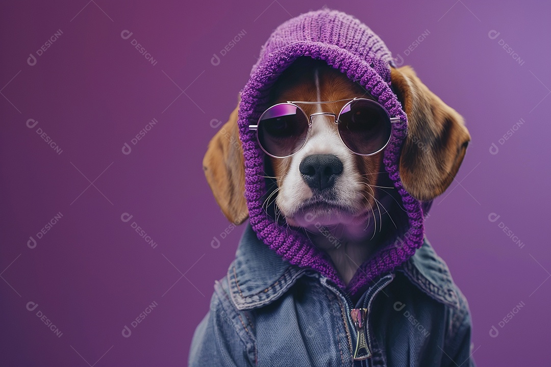 Beagle vestindo roupas e óculos escuros em fundo isolado