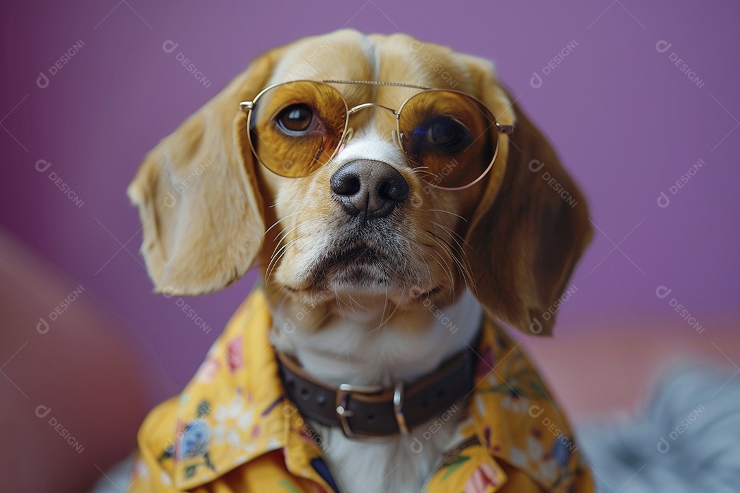 Beagle vestindo roupas e óculos de sol em fundo isolado