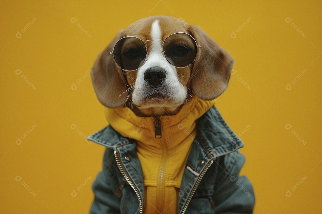 Beagle vestindo roupas e óculos de sol em fundo isolado
