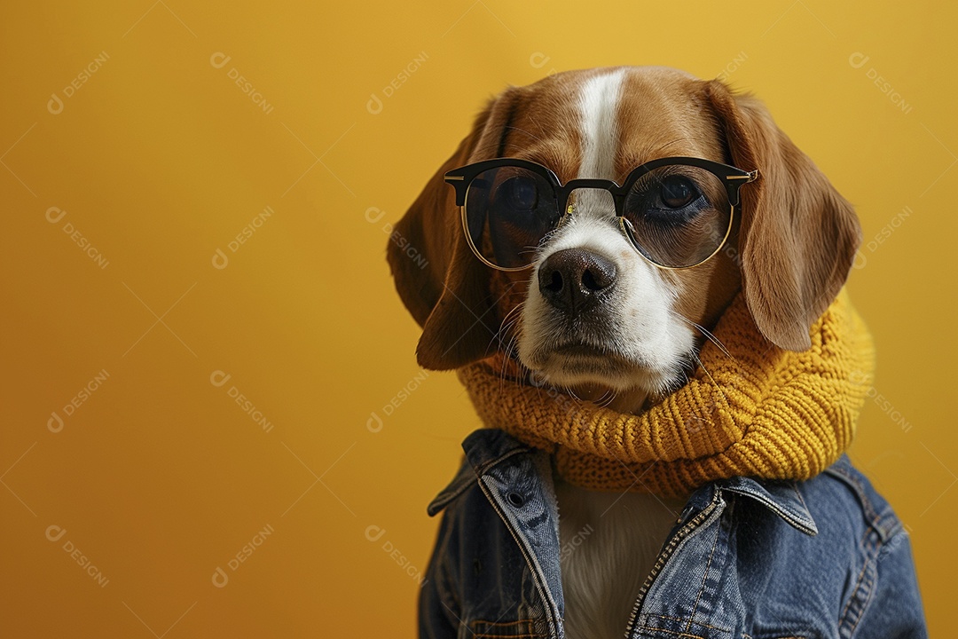 Beagle vestindo roupas e óculos de sol em fundo isolado