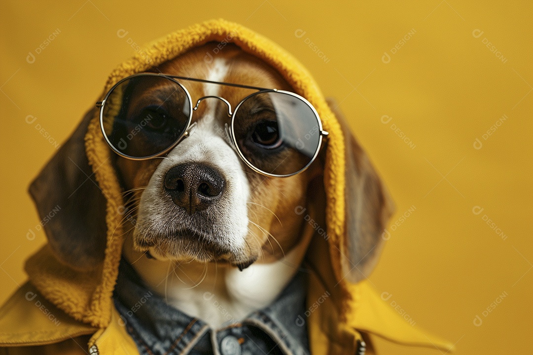 Beagle vestindo roupas e óculos de sol em fundo isolado