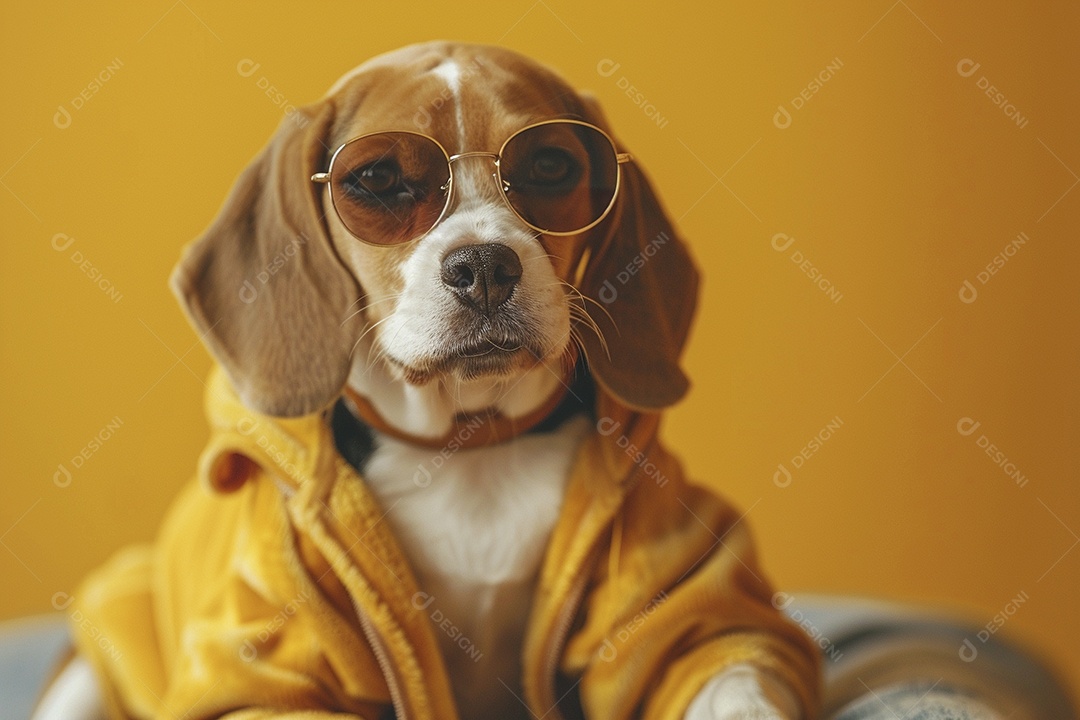 Beagle vestindo roupas e óculos escuros em fundo isolado