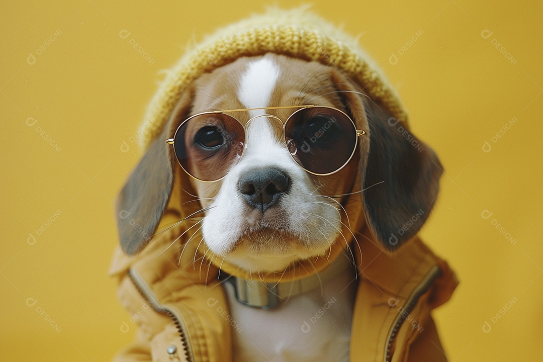 Beagle vestindo roupas e óculos escuros em fundo isolado