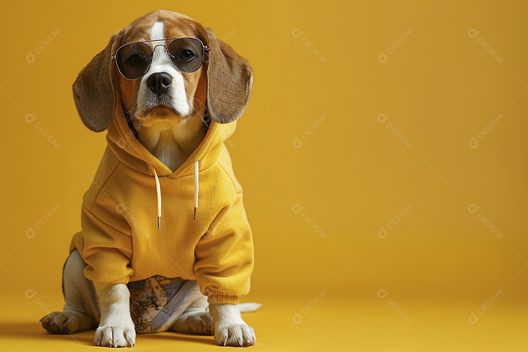 Beagle vestindo roupas e óculos escuros em fundo isolado