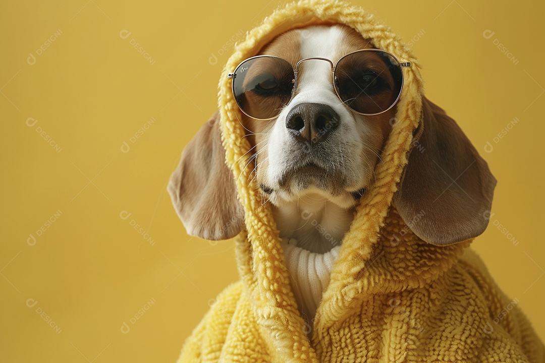 Beagle vestindo roupas e óculos escuros em fundo isolado