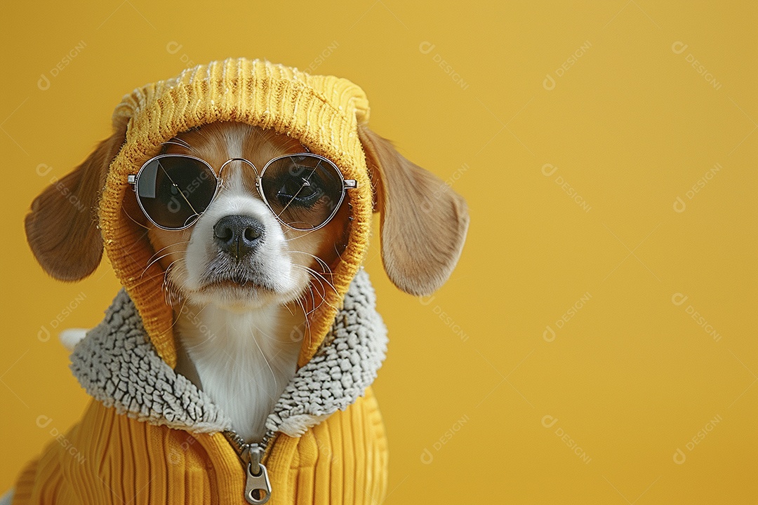 Beagle vestindo roupas e óculos escuros em fundo isolado