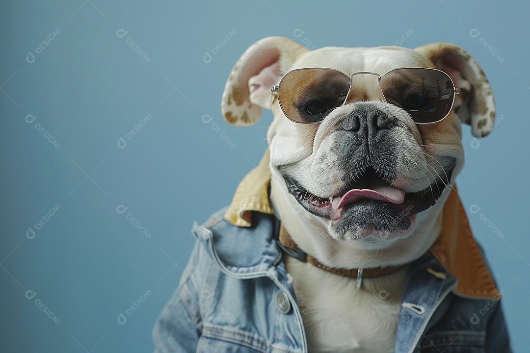 Bulldog vestindo roupas e óculos de sol em fundo isolado