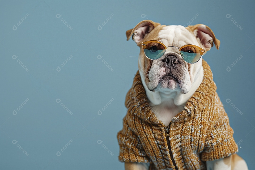 Bulldog vestindo roupas e óculos de sol em fundo isolado