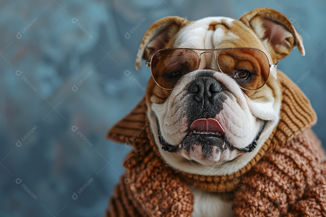 Bulldog vestindo roupas e óculos de sol em fundo isolado