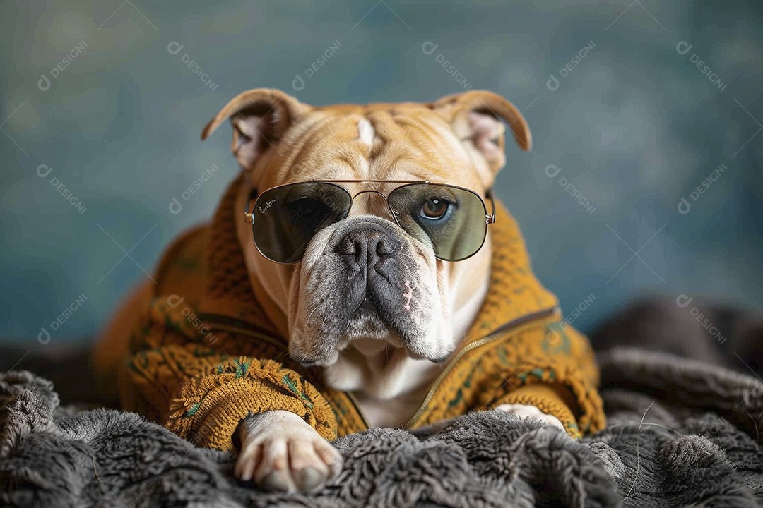 Bulldog vestindo roupas e óculos de sol em fundo isolado