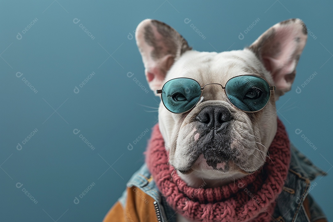 Bulldog vestindo roupas e óculos de sol em fundo isolado