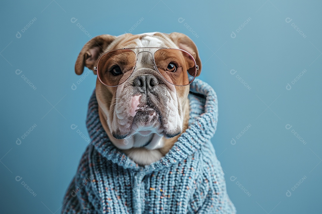 Bulldog vestindo roupas e óculos de sol em fundo isolado