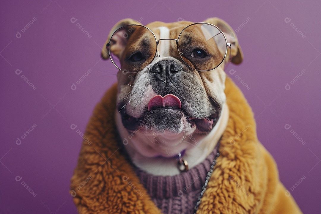 Bulldog vestindo roupas e óculos de sol em fundo isolado