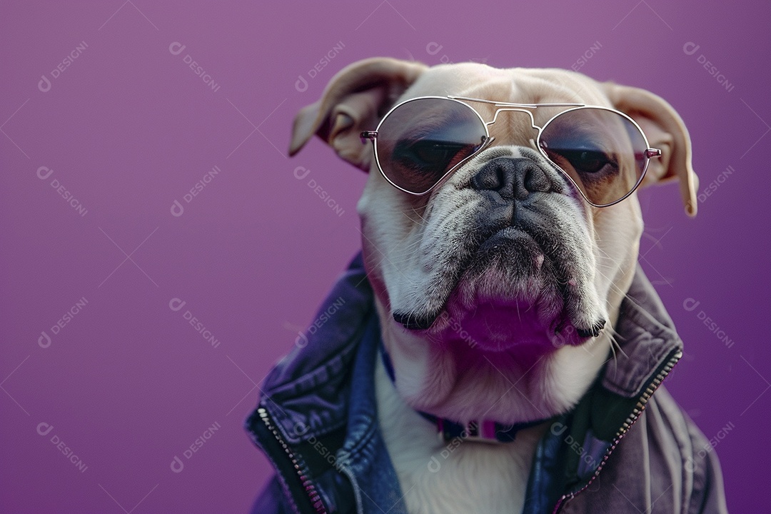 Bulldog vestindo roupas e óculos de sol em fundo amarelo