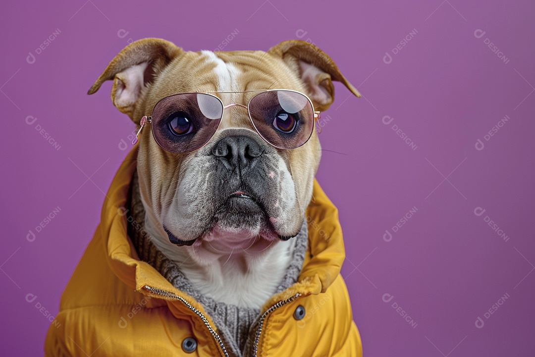 Bulldog vestindo roupas e óculos de sol em fundo isolado
