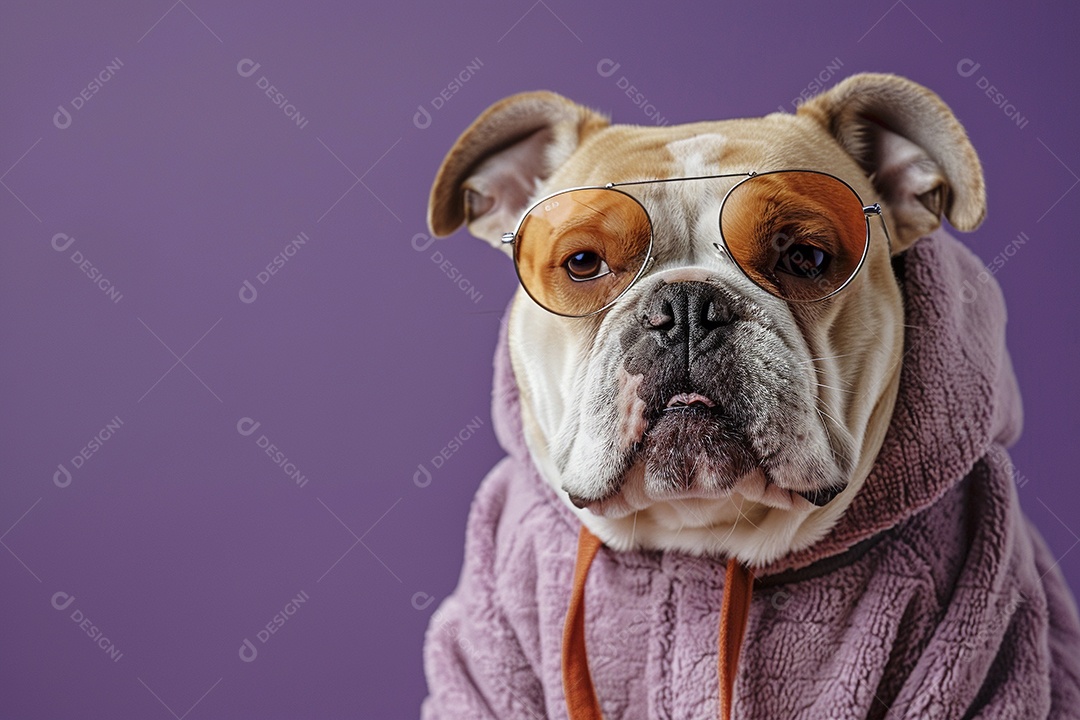 Bulldog vestindo roupas e óculos de sol em fundo isolado