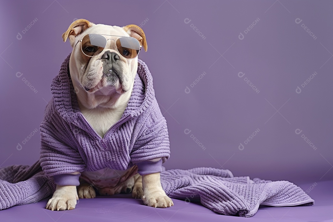 Bulldog vestindo roupas e óculos de sol em fundo amarelo