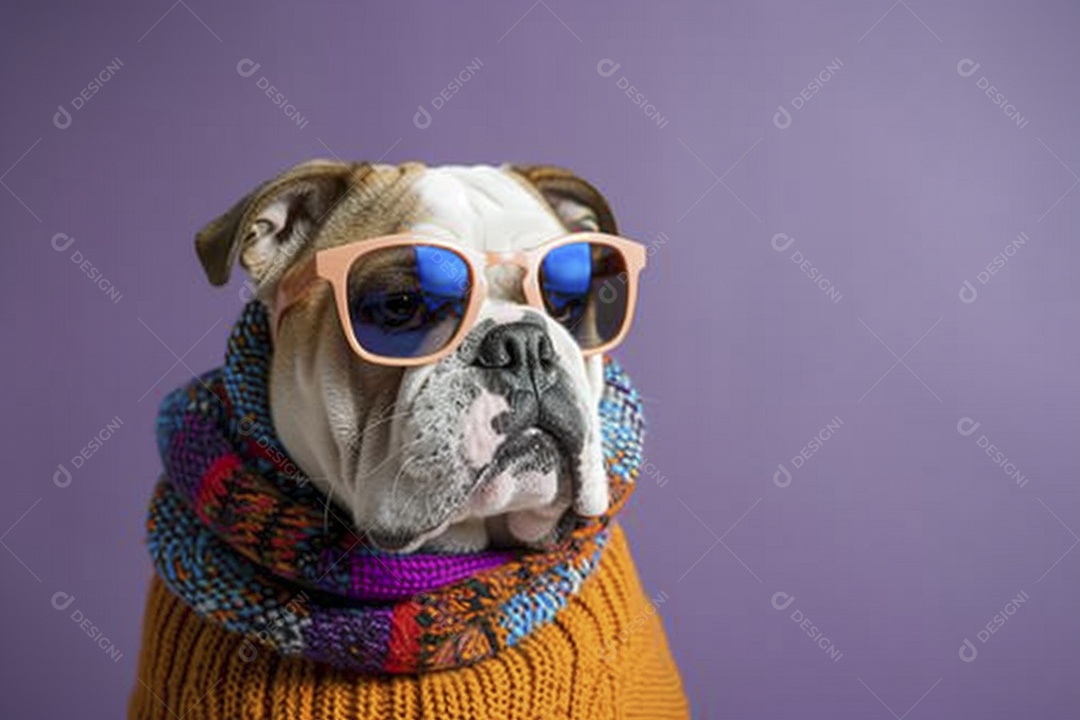 Bulldog vestindo roupas e óculos de sol em fundo isolado