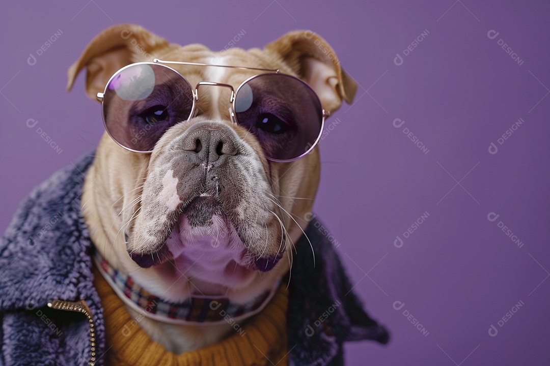 Bulldog vestindo roupas e óculos de sol em fundo amarelo