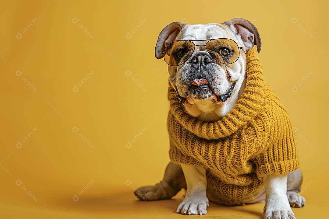 Bulldog vestindo roupas e óculos de sol em fundo amarelo