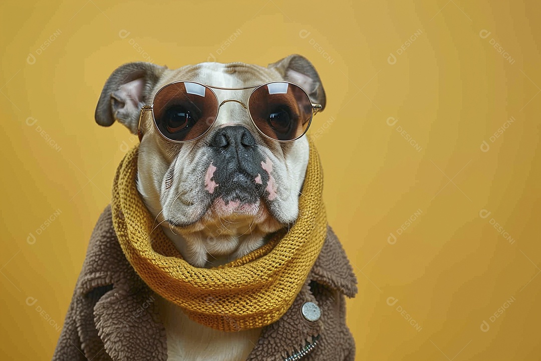Bulldog vestindo roupas e óculos de sol em fundo amarelo