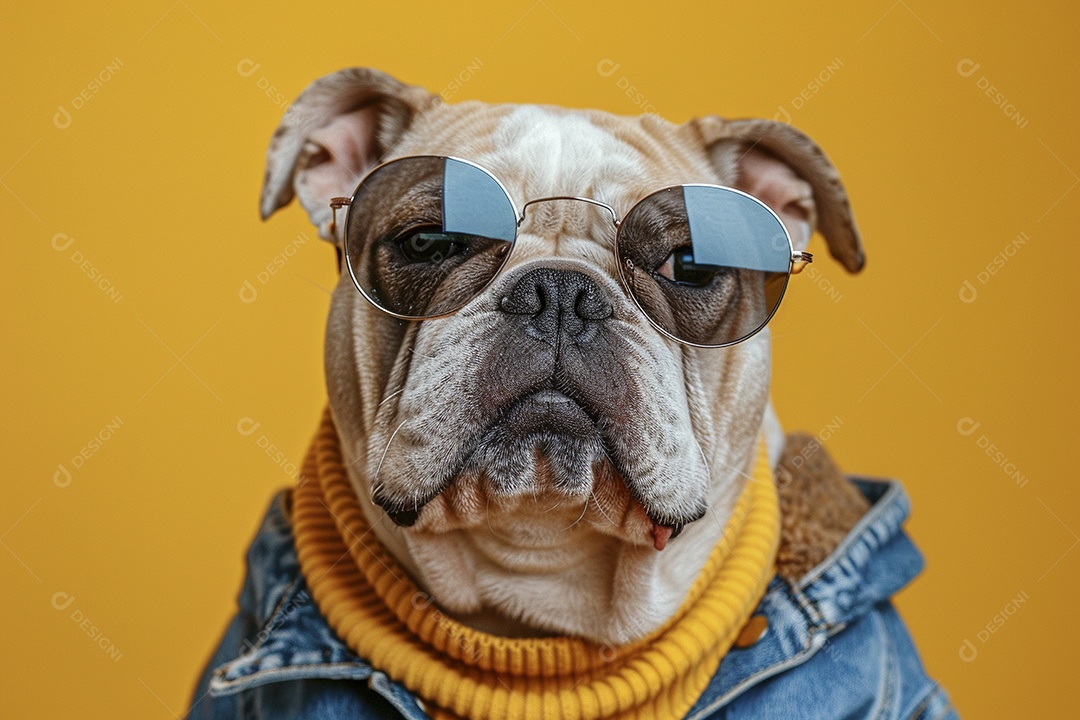 Bulldog vestindo roupas e óculos de sol em fundo amarelo