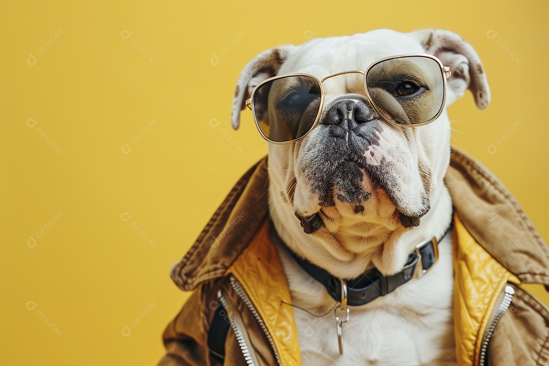 Bulldog vestindo roupas e óculos de sol em fundo amarelo